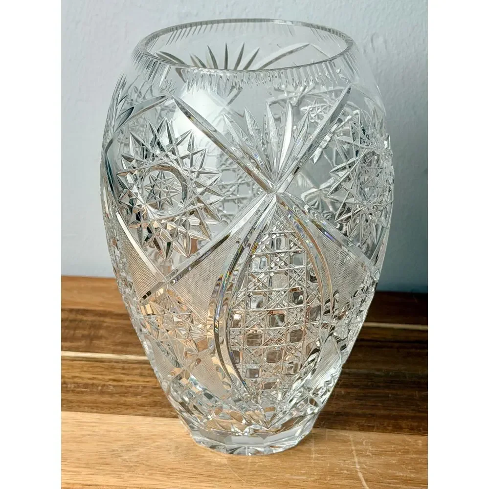 Vintage Hand Cut Crystal Vase, American Brilliant Hobstar Fan Pattern